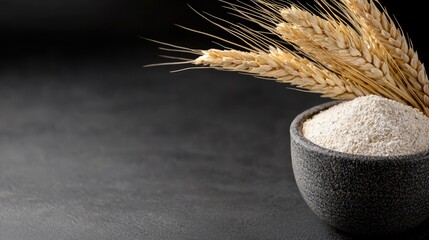 Wheat flour in bowl on dark surface