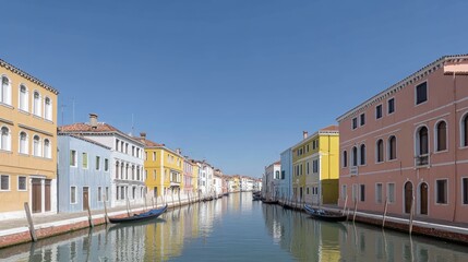 Colorful Venetian Canal with Traditional Buildings and Gondolas on a Clear Day in Burano, Italy