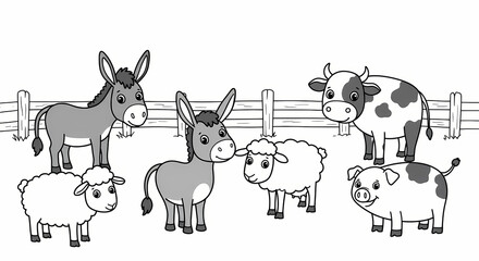 Obraz premium farm animals cute donkey horse sheep cow and pig simple thick lines kids or children cartoon coloring book pages clean drawing can be vectorized to illustration easily generative ai