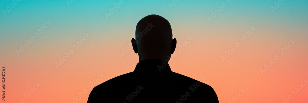 Poster silhouette of a bald person against a colorful sunset sky in a calm outdoor setting during twilight 