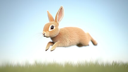 A playful rabbit leaps gracefully over a lush green meadow under a clear blue sky