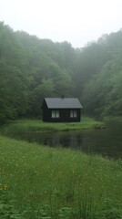 Serene Black Cabin by Misty Lake Surrounded by Lush Green Forest in Tranquil Nature Setting