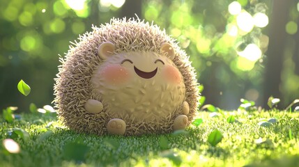 Cute animated hedgehog smiling happily on a grassy field surrounded by soft sunlight and leaves