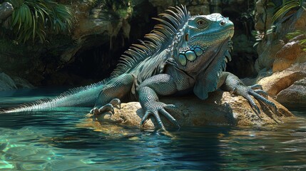 Iguana basking on a rock by the water in a lush, tropical environment with vibrant greenery