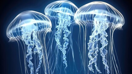 Three luminous jellyfish gracefully floating in dark waters, showcasing their translucent bodies and tentacles