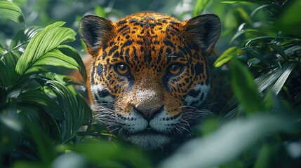 Close-up of a jaguar in dense tropical foliage, poised and observing its surroundings intently