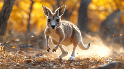 A kangaroo energetically hopping through a sunlit forest with autumn leaves falling around