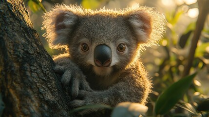 A close-up of a curious koala perched on a tree branch surrounded by lush greenery at sunset