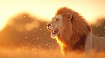 Majestic lion basking in golden sunset, surrounded by a serene savanna landscape