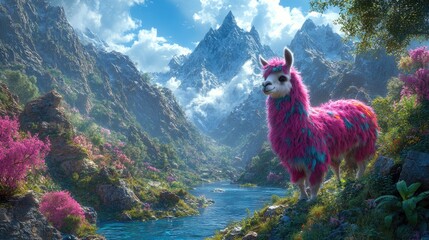 Vibrant pink llama standing by a river in a lush mountainous landscape surrounded by flowers