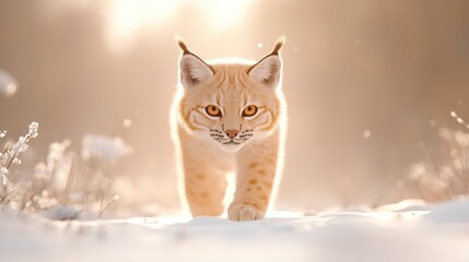 Majestic lynx walking through a snowy landscape at sunrise, showcasing its striking features