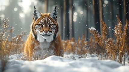Majestic lynx walking through a snowy forest with tall grasses and trees in the background
