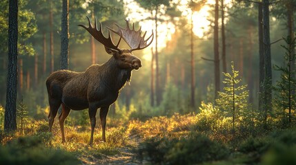 Majestic moose standing in a sunlit forest, surrounded by lush greenery and soft sunlight filtering through trees