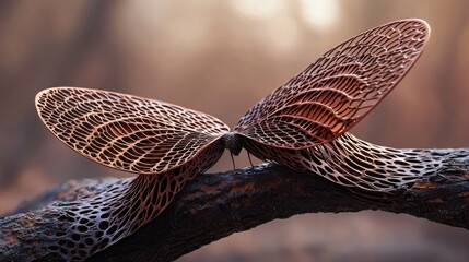 Intricate metallic butterfly resting on a branch in a serene forest setting at dusk