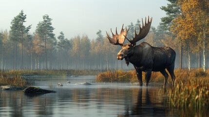 Majestic moose standing in a tranquil lake surrounded by autumn foliage and misty forest
