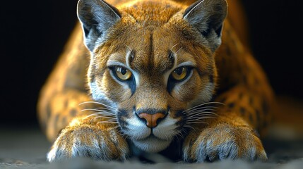 Close-up of a poised wild cat with intense gaze, showcasing its powerful demeanor in a dimly lit environment