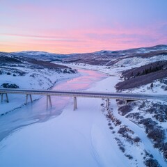 Naklejka premium Winter River Bridge Sunset