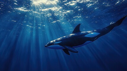 Majestic orca swimming gracefully in deep blue ocean, sunlight filtering through water surface