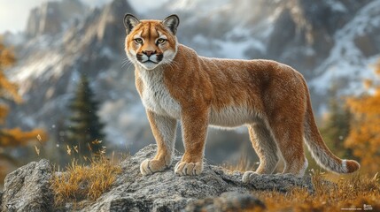 Majestic mountain lion standing proudly on a rock in a scenic autumn landscape