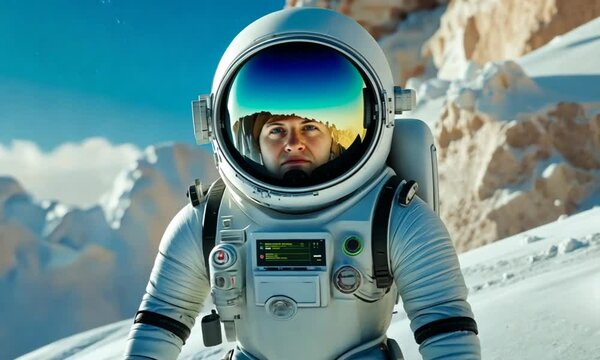 Astronaut exploring snowy alien planet; background mountains