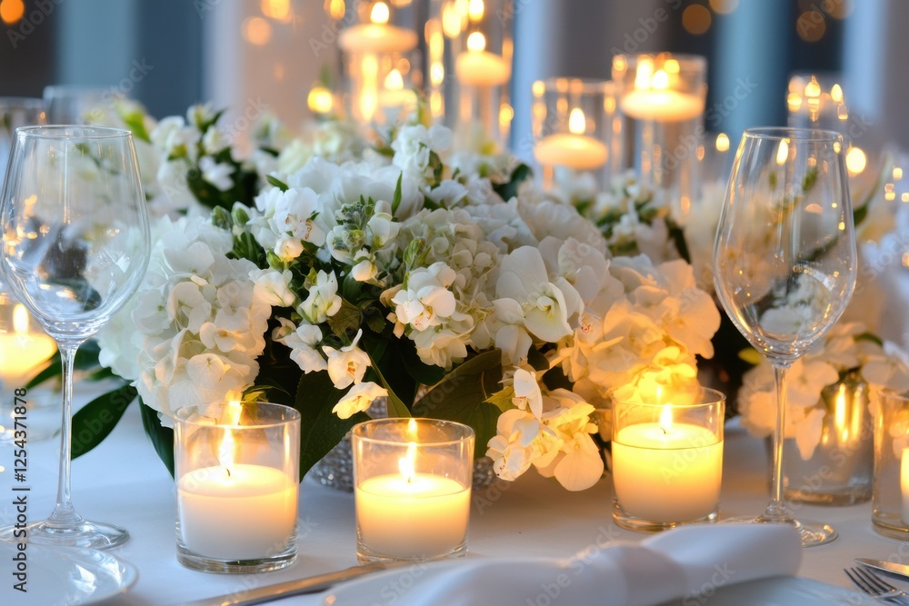 Aufkleber Elegant festive dining table setting with candles and fresh flowers creates a warm atmosphere for gathering. Generative AI