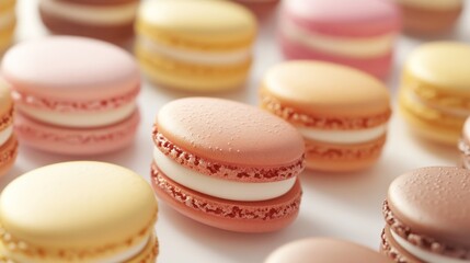 Obraz premium Colorful macarons on white background, sweet treat, bakery, food photography, dessert, website banner