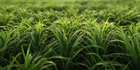 Obraz premium Stunning super macro shot of lush green grass with glistening dews, captured in wide-angle & shallow DOF. Ultra-sharp 16K details, perfect for nature themes, wallpapers, and creative projects