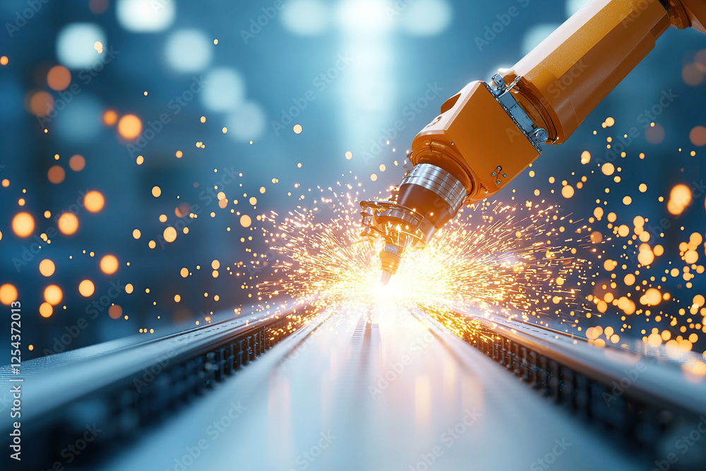 Poster robotic arm factory setting is welding metal with sparks flying, showcasing advanced automation and 