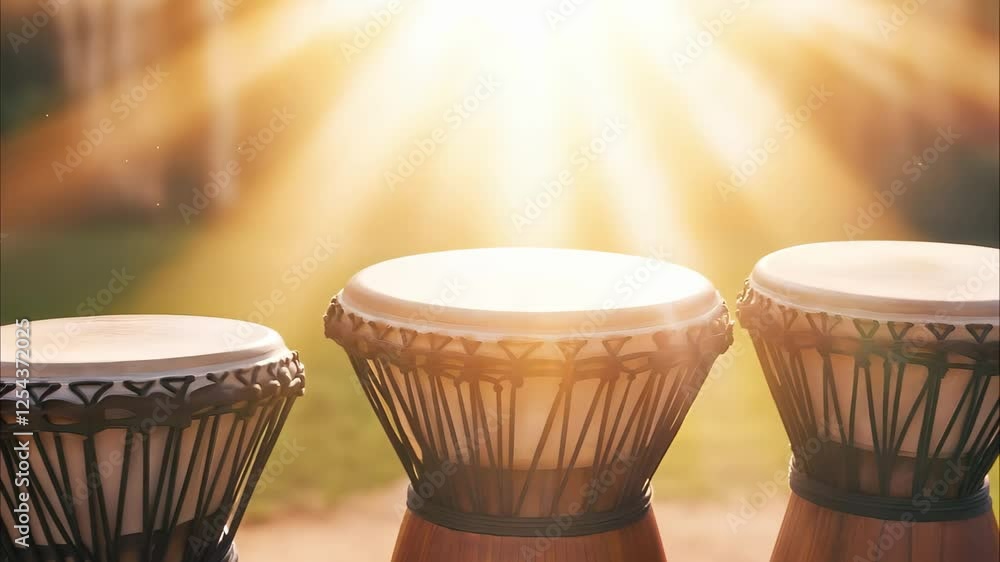 Poster three drums are illuminated by sunlight, creating a warm and inviting atmosphere with a soft blurred
