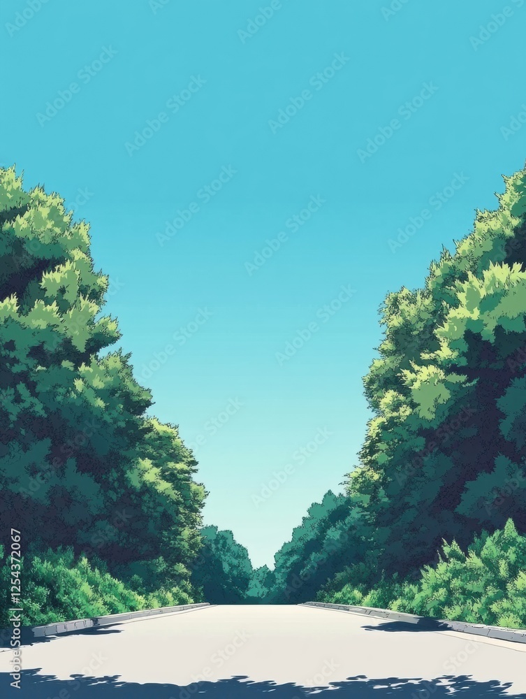 Poster road leads into a serene forest with vibrant greenery under a clear blue sky. generative ai