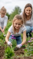 Family gardening flowers outdoors