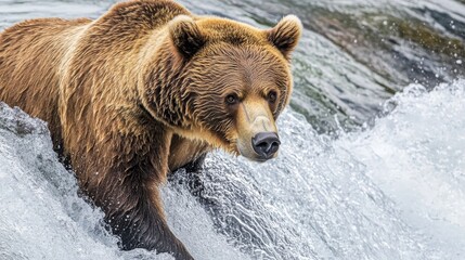 Obraz premium 37.An Adult Brown Bear (Ursus Arctos) Fishing for Salmon at Brooks Falls, Katmai National Park and Preserve, Alaska, United States of America, North America