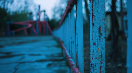 Abandoned Amusement Park at Dusk with Sudden Movement and Distressed Blue Railings