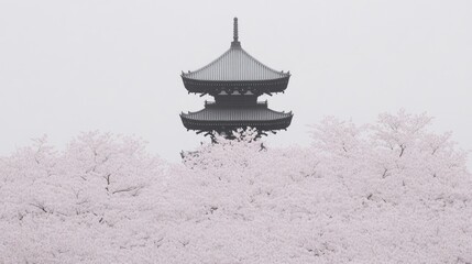 Serene Japanese Pagoda Surrounded by Blooming Cherry Blossoms Against a Misty Sky in Springtime