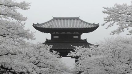 Traditional Japanese Pagoda Surrounded by Blooming Cherry Blossoms in Serene Spring Landscape