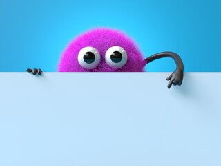 Fluffy, cute monster holds a blank sign, symbolizes information and advertising display. 3D rendering, conceptual image. Isolated on white background.