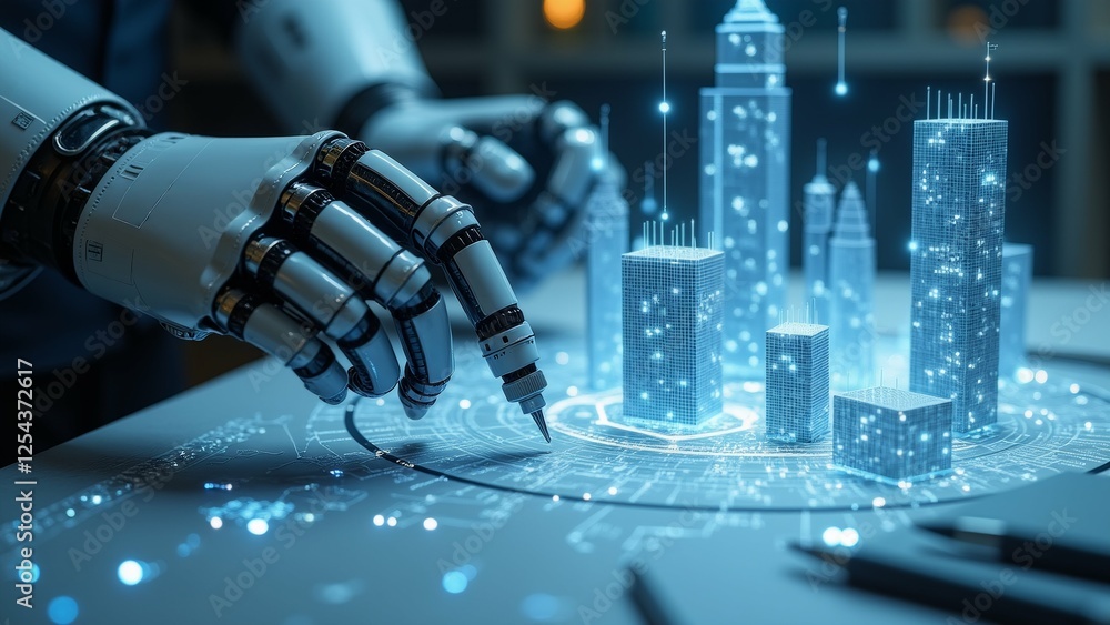 Poster robotic hand holding pen pointing futuristic cityscape table cityscape multiple tall buildings blue 