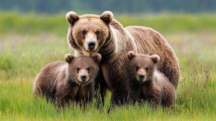 Fototapeta premium 21.A beautiful family portrait of a female brown bear with two cubs, standing together in a grassy meadow. The cubs are cuddled close to their mother, with their soft, fluffy coats standing out
