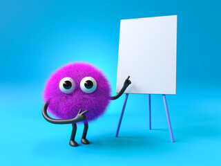 Fluffy, cute monster with blank canvas, symbolizes creativity and presentation. 3D rendering, conceptual image. Isolated on white background.