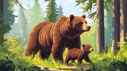 Obraz premium 36.A brown bear and her cub walk side by side in a coniferous pine forest, with an atmosphere of tranquility and wilderness. The mother bear leads the way as the cub frolics in the rich green