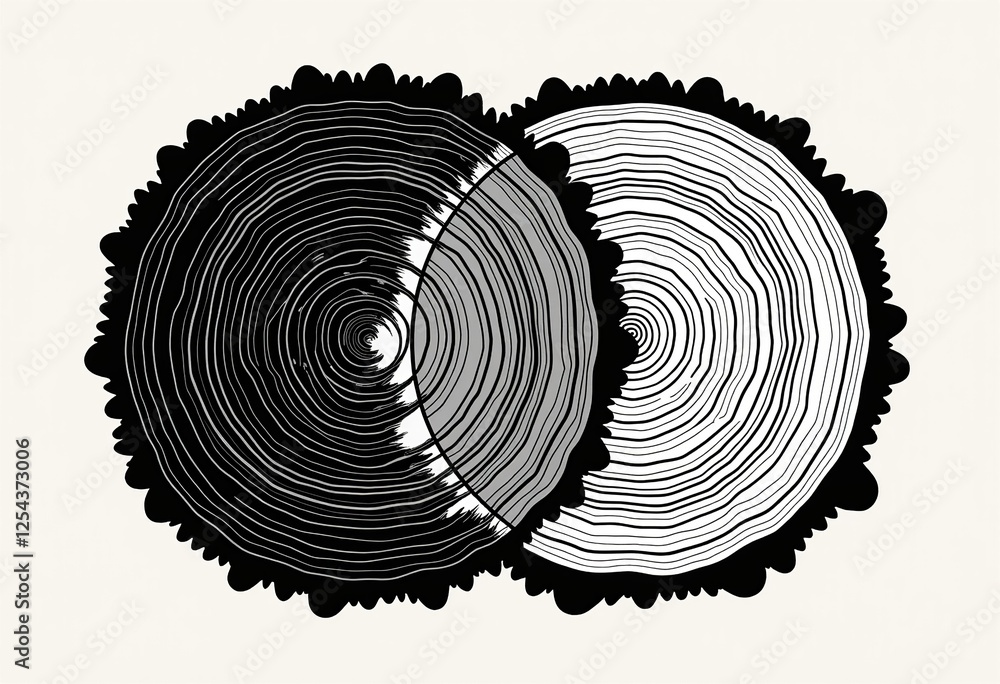Poster minimalist tree ring art - monochromatic overlapping circles design with filled and negative space, 