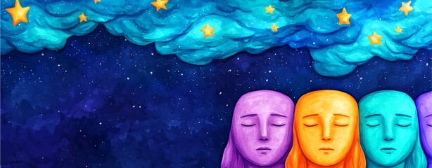 A serene illustration of colorful faces against a starry, night sky, evoking feelings of calm and introspection.