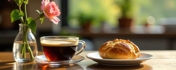 A delicate flower in a glass vase sits beside a steaming cup of coffee and a flaky pastry on a wooden table, kitchenware, table, breakfast item