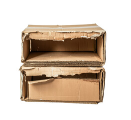 Two Stacked, Damaged Cardboard Boxes Showing Significant Wear and Tear from Shipping or Handling