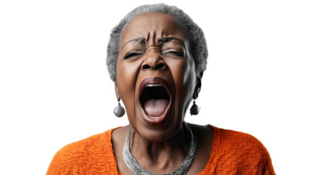 Senior black woman shouting with transparent background