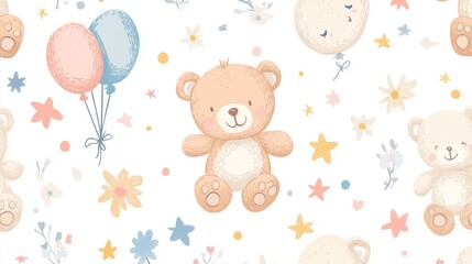 Fototapeta premium 71.A delightful seamless pattern showcasing hand-drawn teddy bears in various cute poses, accompanied by gentle pastel-colored elements like stars, balloons, and flowers. The soft design creates a