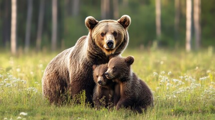 Fototapeta premium 19.Protective Female Brown Bear, Ursus Arctos, Standing Close to Her Two Cubs. An Adorable Young Mammals with Fluffy Coat United with Mother in the Middle of Grass Meadow. Concept of Animal Family