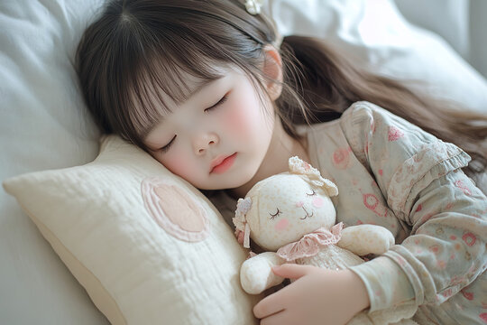 This is a warm and cozy photo of a cute little child sleeping soundly on a soft bed with a pillow and a cute stuffed animal.