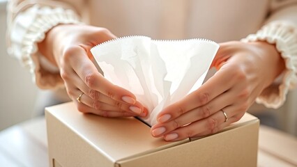 Hands Unboxing Delicate Tissue Paper from a Brown Cardboard Box