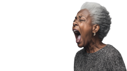 Senior woman shouting with transparent background: expressing fury and emotion